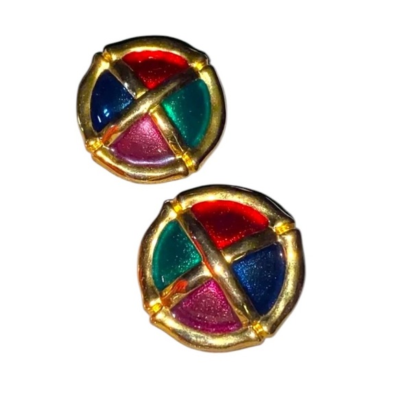 Vintage Enamel Gold Tone Round Clip On Earrings - Picture 1 of 4